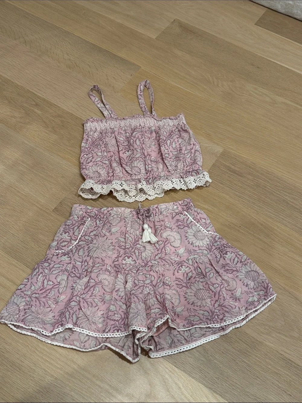 Girls Pink Floral Matching Set — Crop Top & Shorts